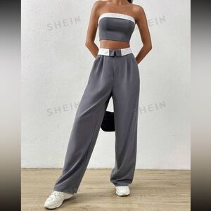 Contrast trim tube top and straight leg pants
